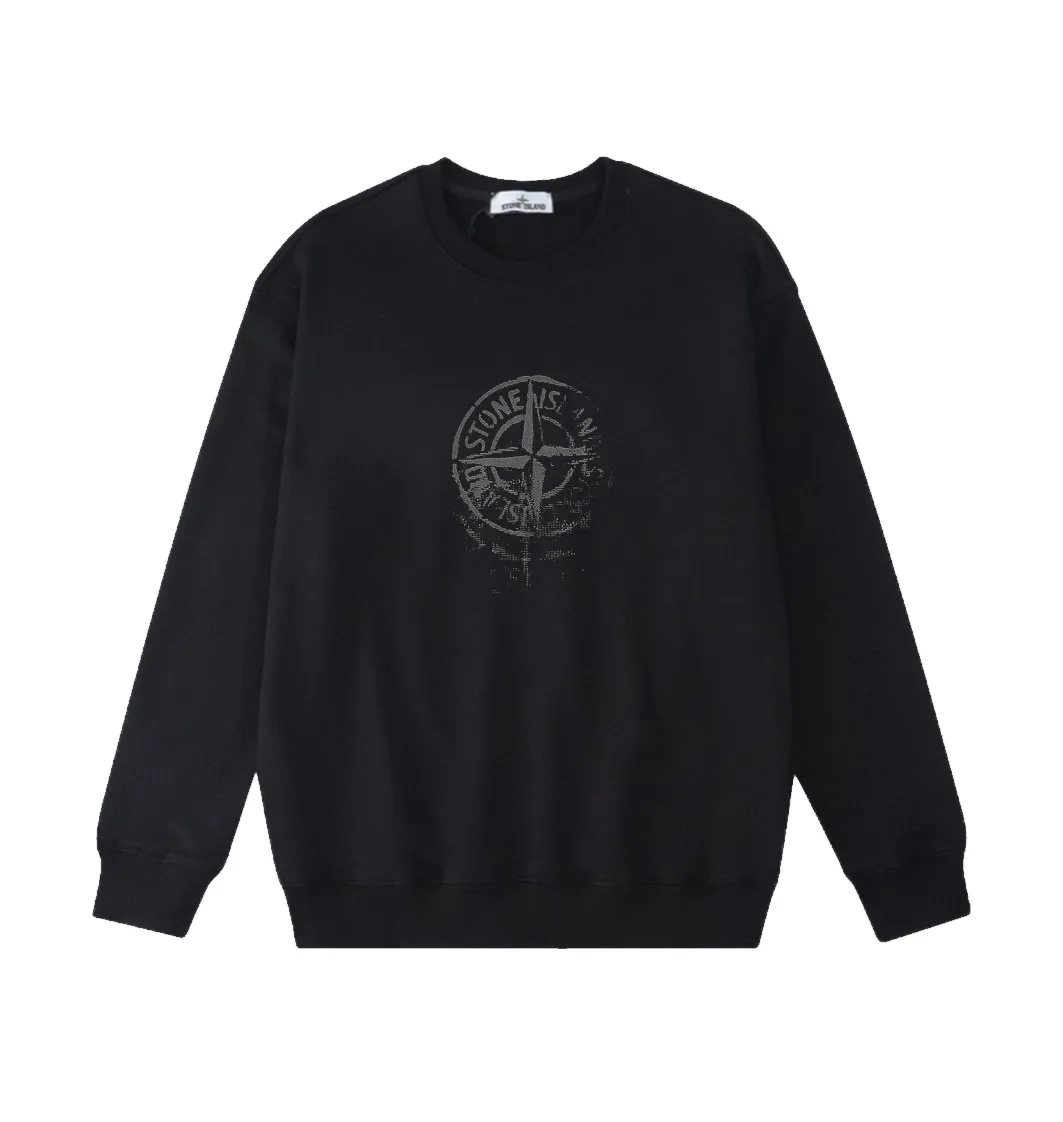 W813#P160💰 Stone Island damaged old compass logo printed round neck long-sleeved sweatshirt! Versatile base round neck sweatshirt for couples! Simple armband design, customized 1*1 thread (fine texture), 380g double-strand large terry fabric, very good quality, foreign trade craftsmanship, respect the original version! The threads at the cuffs and hem are all original bartacks! The time-consuming and material consumption distinguishes the ordinary version on the market! Tops worn by celebrities from all walks of life on INS, can be matched with couple styles!  Color: Black White Size: M-XXL